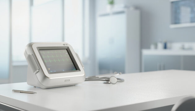 Modern medical digital monitor and stethoscope placed on a clean desk in a bright healthcare clinic or hospital room