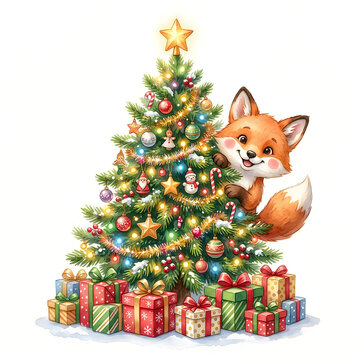 A festive fox admiring a pixel-art christmas tree with gifts