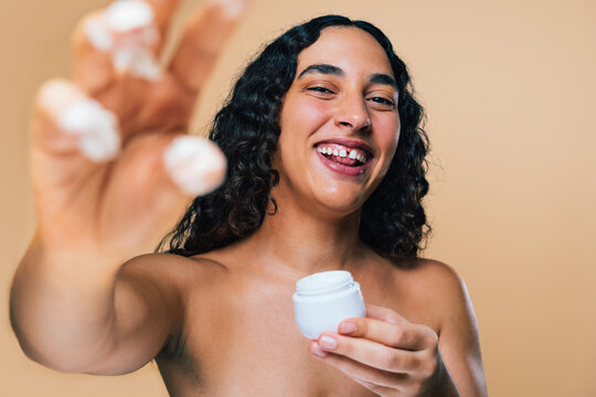 Beauty studio portrait of beautiful hispanic woman with diastema
