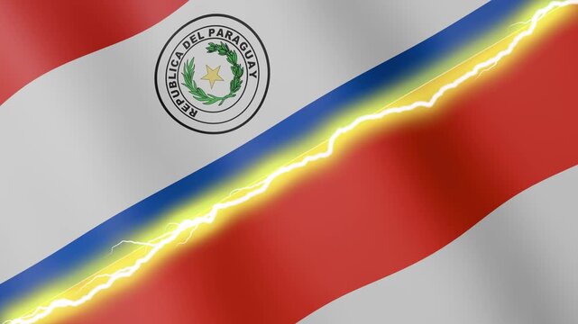 Two waving flags Paraguay and Indonesia with diagonal lightning seamless, 4k loop