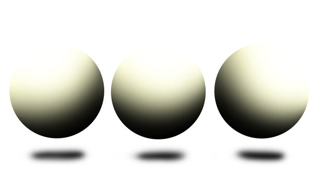 Three realistic 3D spheres with soft gradient lighting and realistic shadows floating isolated on transparent background