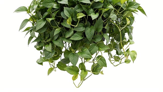 Lush green hanging pothos plant with trailing ivy leaves isolated on white background