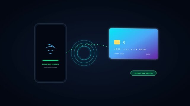 Digital Biometric Payment Process with Mobile Phone and Virtual Credit Card Transaction Animation