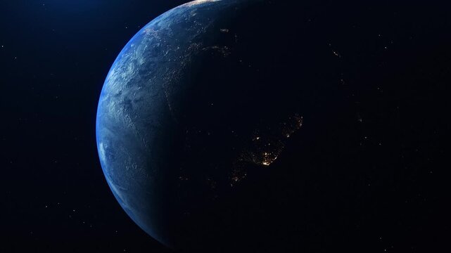 Realistic 3D Render of Planet Earth Showing Day and Night with City Lights