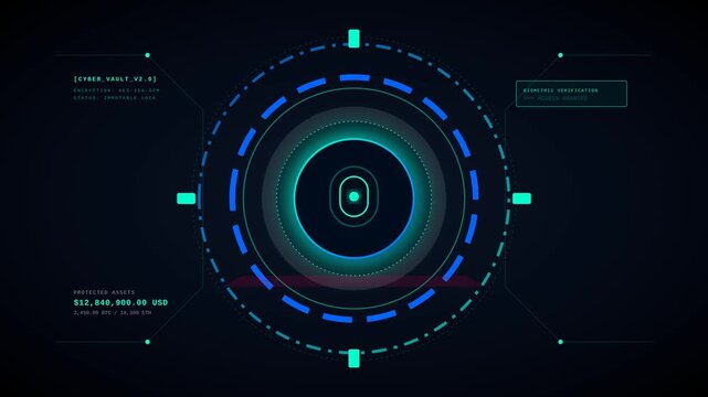 Futuristic Cyber Vault Interface with Digital Security Elements and Data Protection HUD Overlay