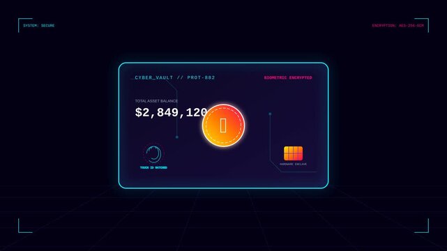Futuristic Digital Cyber Vault Interface Displaying Asset Balance and Secure Financial Information