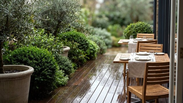 雨上がりに濡れて光るウッドデッキのテラス席と植栽