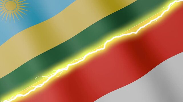 Two waving flags Rwanda and Indonesia with diagonal lightning seamless, 4k loop