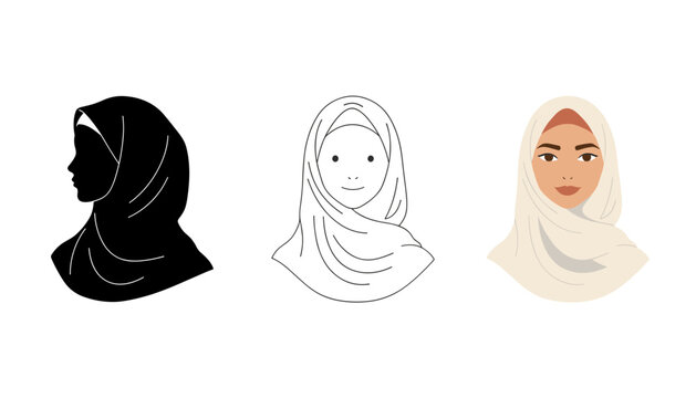 Collection of vector illustrations showing a Muslim woman in a hijab in profile silhouette, line art, and colored flat styles.