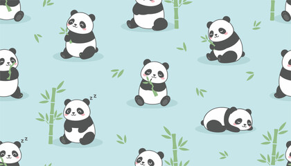 Naklejka premium Adorable seamless pattern of cartoon giant pandas sleeping and eating bamboo stems on a light blue background.