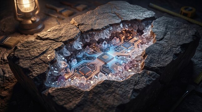 A glowing electronic circuit board embedded inside a jagged piece of natural rock.