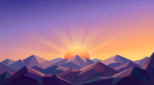 Low poly geometric mountain landscape at sunrise with colorful sky, mountains