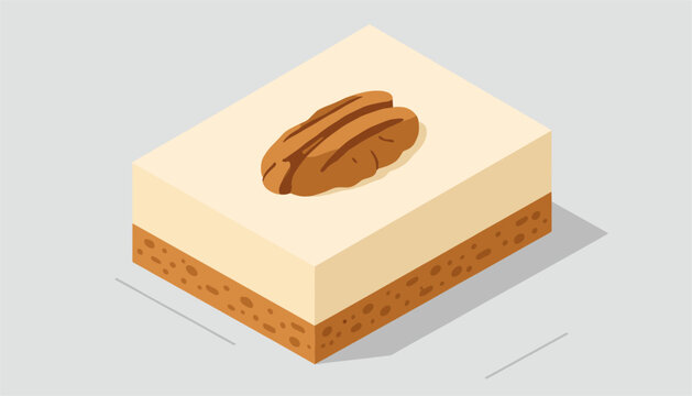Isometric vector illustration of a delicious pecan pie slice cake with a creamy filling and biscuit crust, isolated on a grey background.