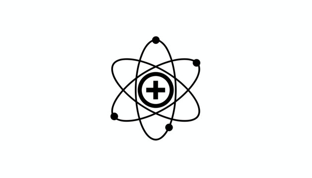 Atom structure model with electrons orbiting around a central nucleus containing a bold plus sign, symbolizing a positive ion.