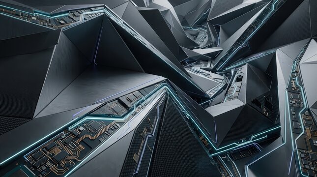 Abstract Futuristic Geometric Structure with Glowing Blue Lines and Dark Tones
