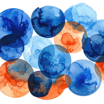 Watercolor circles overlapping in shades of blue and orange against a solid black background