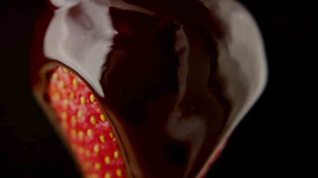 macro strawberry chocolate drip slow motion liquid cocoa delicious food lust