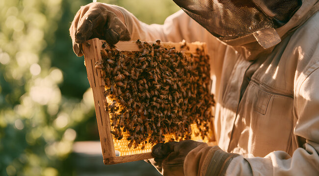 Honeybee caretaker examining comb in the yard, apiary specialist