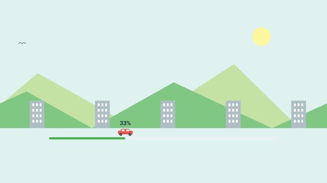 Animated sequence of a red car driving past stylized buildings and hills under a bright sun.