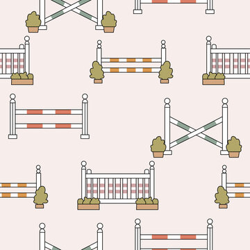 Equestrian show jumping obstacles background with horse jumping fences and potted shrubs seamless pattern