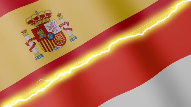 Two waving flags Spain and Indonesia with diagonal lightning seamless, 4k loop