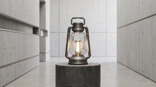 A dark, minimalist geometric lantern with a stark LED element sits perfectly centered on a raw concrete cylinder pedestal, displayed at the end of a vast, modern concrete hall with recessed lighting.