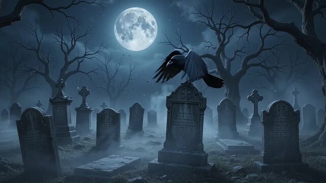 A black crow landing on tombstone with flying bats in spooky graveyard, under full moon Halloween background