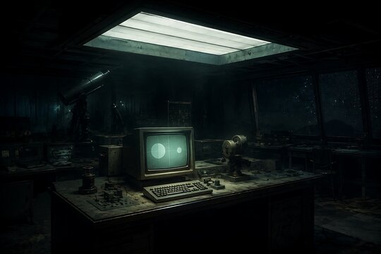 Abandoned Vintage Observatory Control Room with Glowing Monochrome Computer