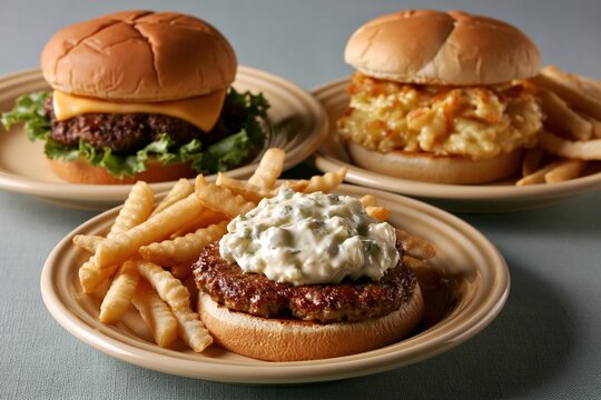 Three burger meal variations with fries on ceramic plates in studio setting