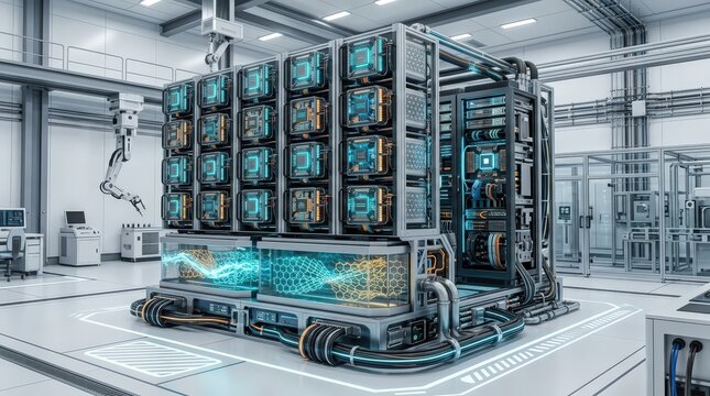 Advanced Futuristic Server Rack with Glowing Energy and Robotic Arm