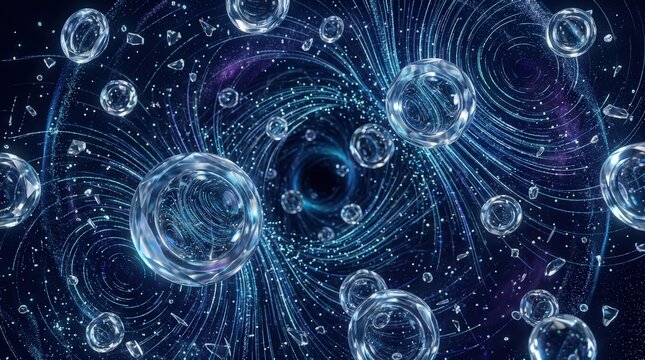 Abstract Swirling Blue Vortex with Bubbles and Particles