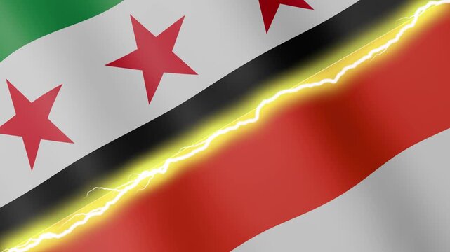 Two waving flags Syria and Indonesia with diagonal lightning seamless, 4k loop