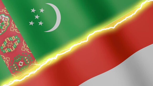 Two waving flags Turkmenistan and Indonesia with diagonal lightning seamless, 4k loop