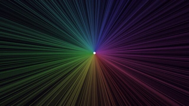 Colorful light rays burst from center. Abstract rainbow spectrum radial zoom background.