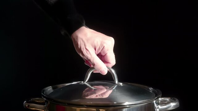 Raising the Lid from the Pan. White Clouds of steam rise from under the raised cap on a black background