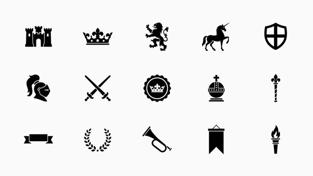 Black and white medieval heraldic symbols collection with emblems with traditional armorial designs against clean white background with displays curated set