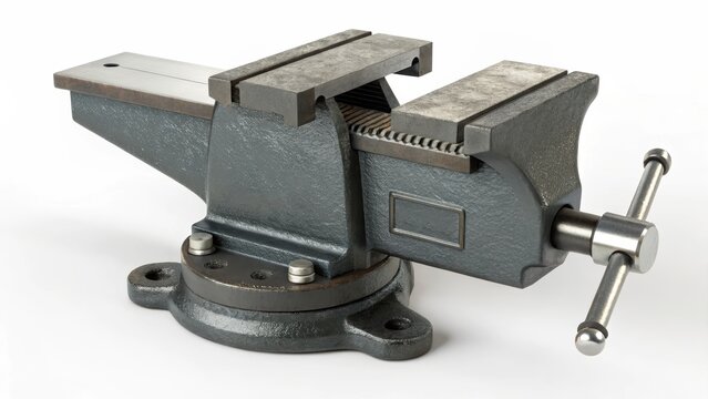 A sturdy bench vise is ready for work, showcasing its heavy-duty construction and adjustable jaws