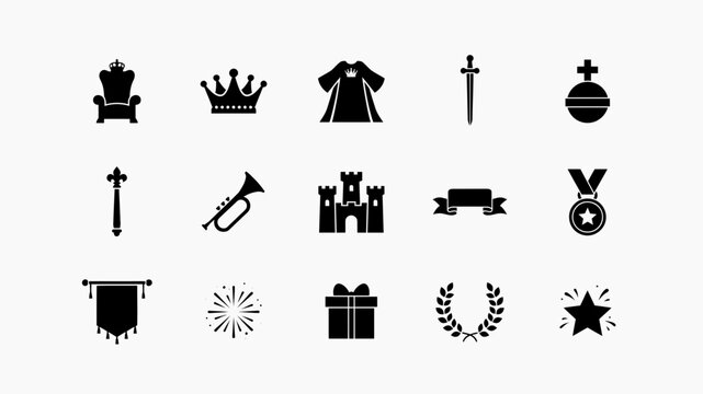 Collection of royalty and regalia icons in bold black with showcases curated set twelve distinct black white icons representing regal symbols