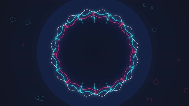 Glowing neon circular waveform animation featuring pulsing red and blue lines in a digital motion loop