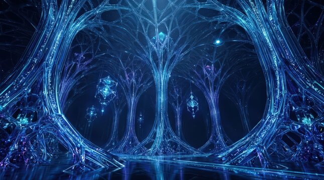 Ethereal Blue Bioluminescent Forest with Intricate Glowing Tree Structures and Mystical Atmosphere
