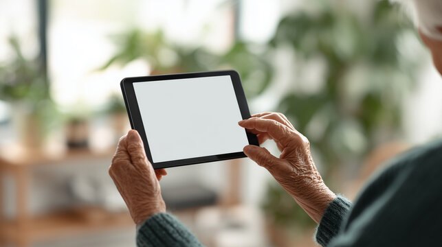 Elderly hands holding a blank-screen tablet indoors