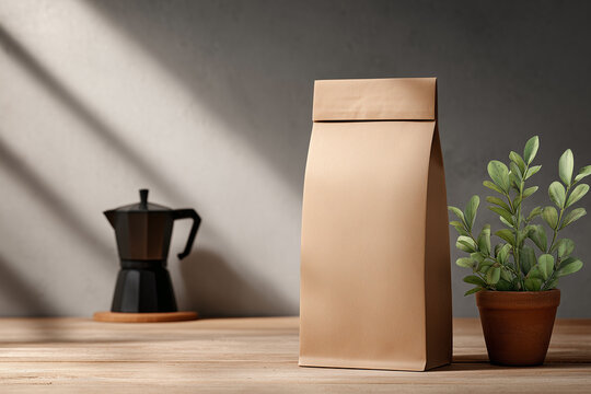 Blank kraft coffee bag mockup with a potted plant