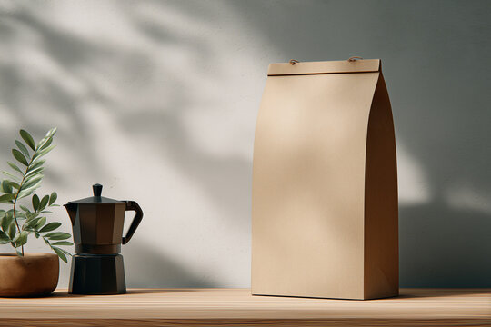 Blank kraft paper coffee bag mockup beside a moka pot