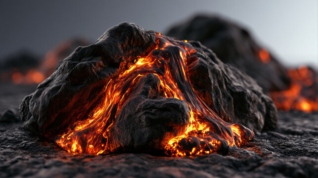 Molten lava flowing down dark volcanic rock, glowing orange and red, high detail, natural landscape, intense heat, dramatic scene