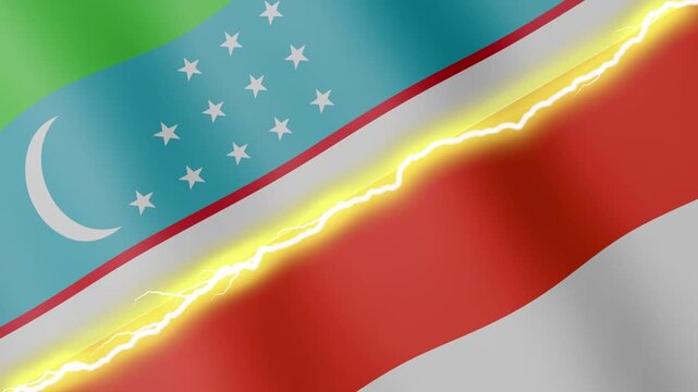 Two waving flags Uzbekistan and Indonesia with diagonal lightning seamless, 4k loop