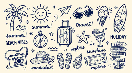 Fototapeta premium A hand-drawn doodle collection featuring summer vacation and travel icons, perfect for holiday themes.