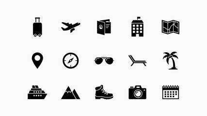 Minimalist black icons set with high contrast collection fifteen black white icons representing diverse travel lifestyle themes against neutral background © Sourabh