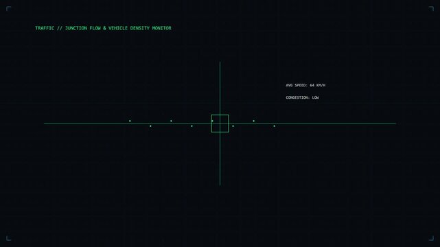 Futuristic HUD interface displaying smart city IoT infrastructure and traffic monitor density sensor grid data visualization