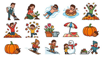 Fototapeta premium Seasonal activities set with children enjoying various outdoor hobbies