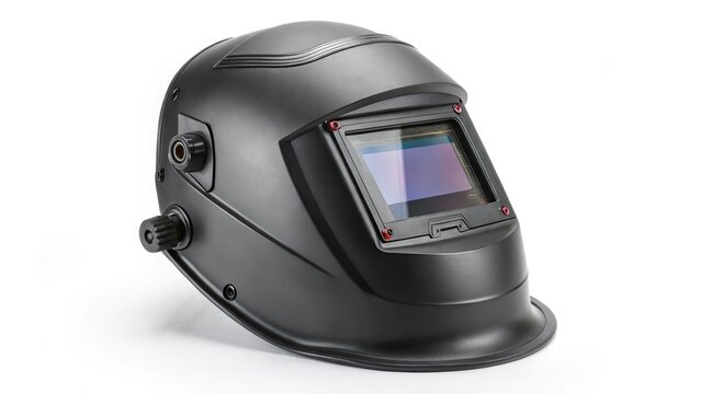 A black welding helmet with a dark visor, designed for protecting the face and eyes during welding operations